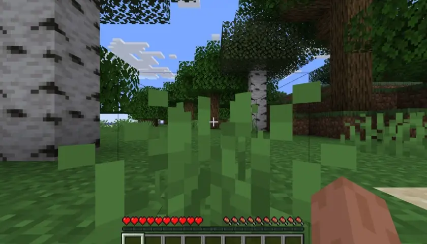 Wirtualny świat Minecraft. Gracz stoi wśród zielonych traw, widząc drzewa i niebo. Na dole ekranu pasek zdrowia i ekwipunek, gdzie widać jeden pusty slot.