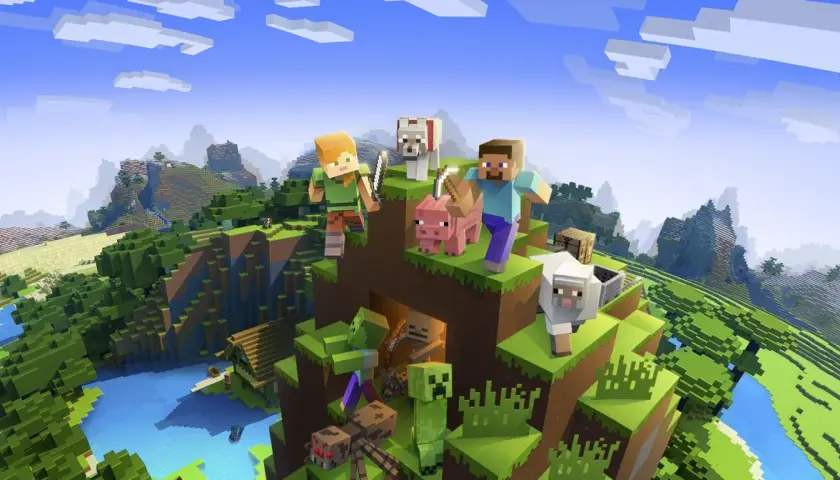 Steve i Alex z psami, świnią i owcą na szczycie bloku. W dole czają się zombie, creeper i pająk. To świat, gdzie czity do Minecrafta mogą pomóc przetrwać.