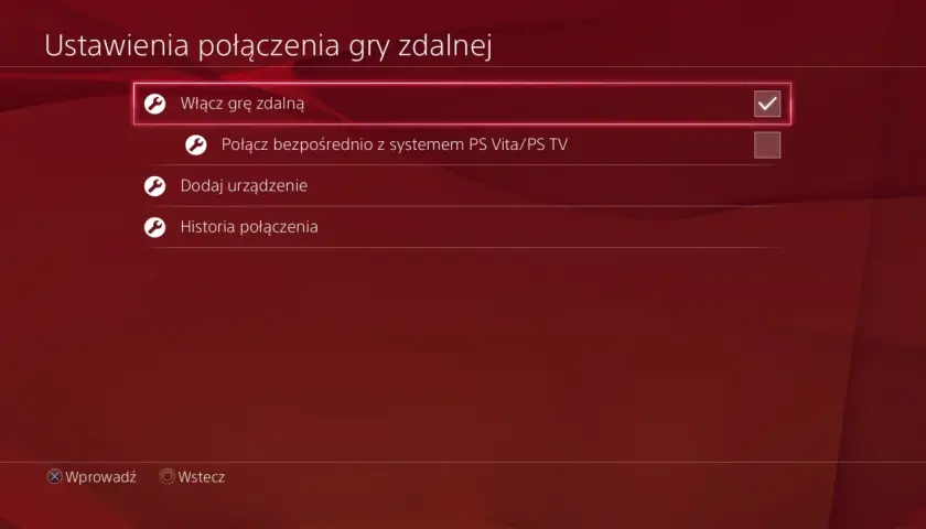 Ustawienia połączenia gry zdalnej, włącz grę zdalną. Możliwość grania na PC dzięki PS Remote Play.
