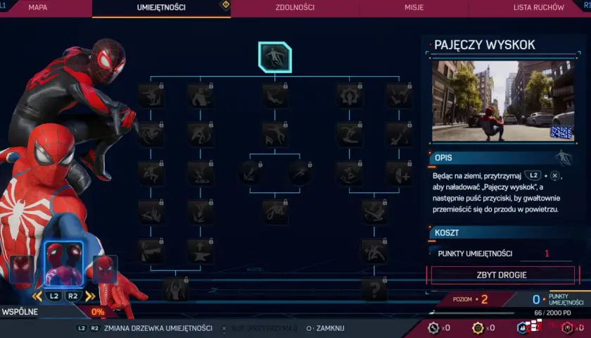 Drzewko umiejętności w grze Spider-Man 2. Miles Morales i Peter Parker prezentują nowe zdolności, w tym "Pajęczy wyskok".