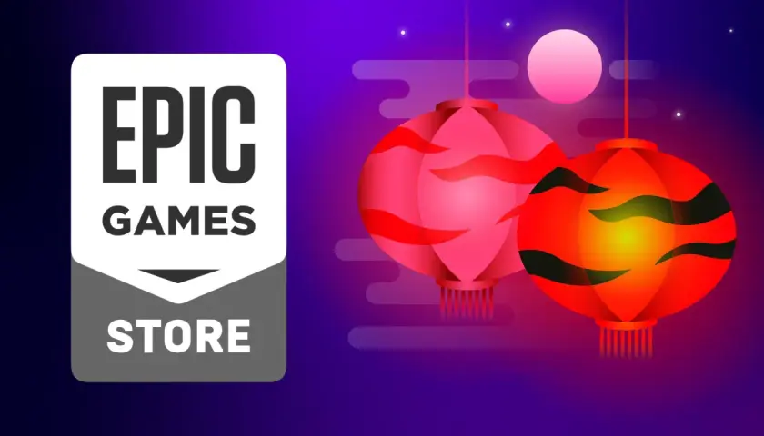 Logo Epic Games Store obok chińskich lampionów. Czas na darmowe gry Epic!
