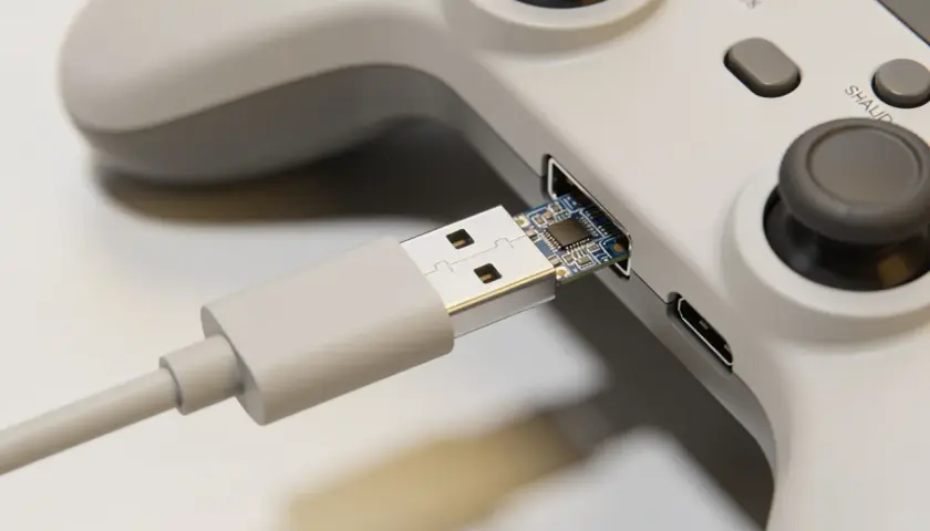 Szary kontroler Xbox z podłączonym kablem USB-C. Prosty sposób, jak podłączyć pada Xbox do PC.