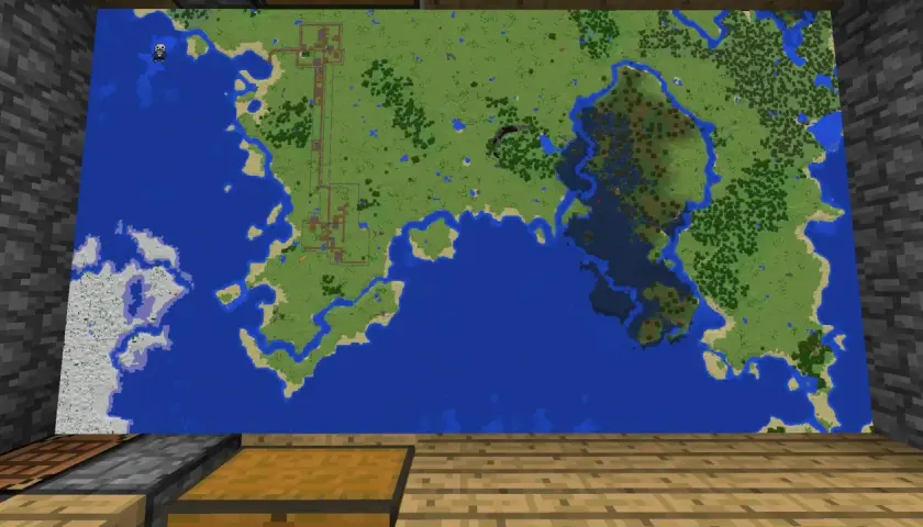 Odkryj, jak zrobic mape w MC! Ta wielka mapa pokazuje kontynenty, oceany i twoje budowle.
