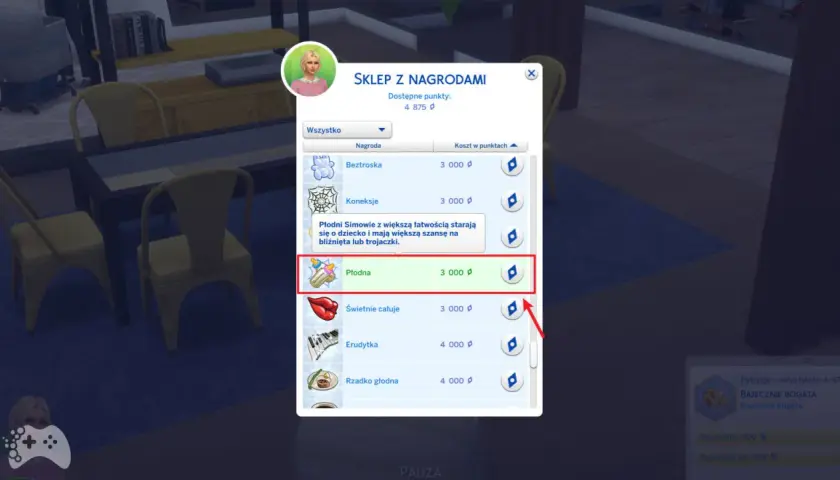 W The Sims 4, w sklepie z nagrodami, można kupić cechę "Płodna" za 3000 punktów, co ułatwia zajście w ciążę i zwiększa szansę na bliźnięta.