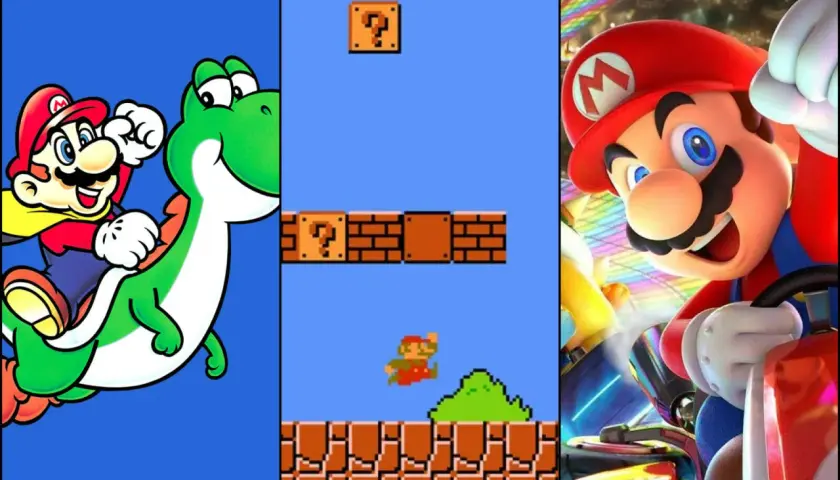 Mario na Yoshim, Mario w klasycznej odsłonie i Mario w wyścigówce. Cała seria Super Mario w jednym obrazku.
