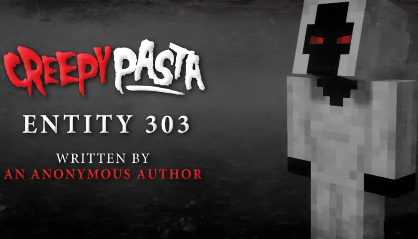 Postać z gry Minecraft, Entity 303, w białym stroju z czarną maską i czerwonymi oczami.