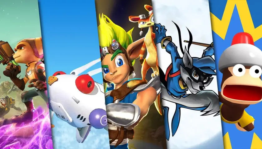 Ratchet, Jak, Sly Cooper i Ape Escape – ikony gier platformowych PS5 w akcji.
