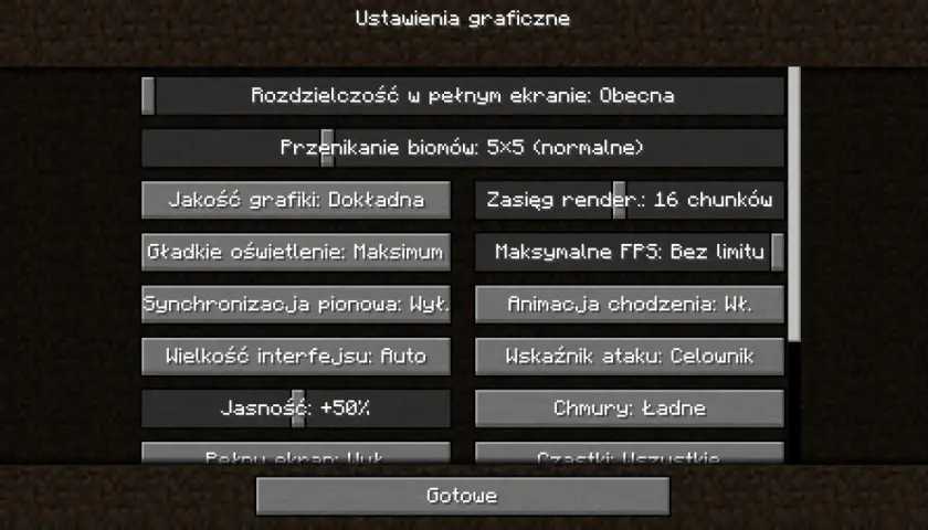Ustawienia graficzne gry, w tym jakość grafiki, zasięg renderowania i jasność. Można tu też dostosować seus shaders.