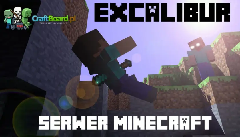 Steve z mieczem w ręku spada, a Herobrine czeka na szczycie. Grafika promuje serwer Minecraft "EXCALIBUR".