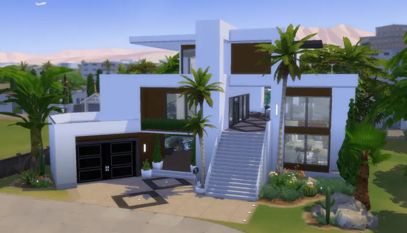 Nowoczesne domy w The Sims 4 bez dodatków, z basenem, palmami i kaktusami.