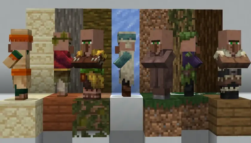 Siedem postaci wieśniaków z Minecrafta w różnych strojach i na różnych blokach.