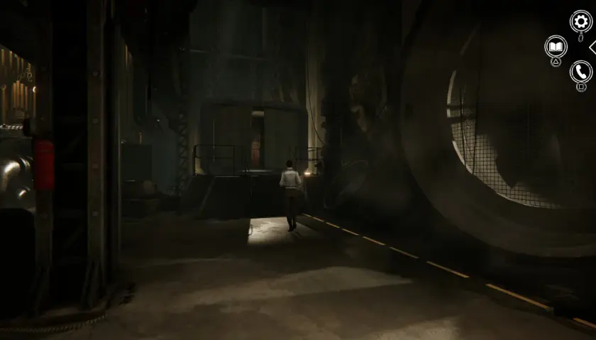 Kate Walker wchodzi do mrocznego, industrialnego pomieszczenia. Ten widok to fragment poradnika do Syberia 2.