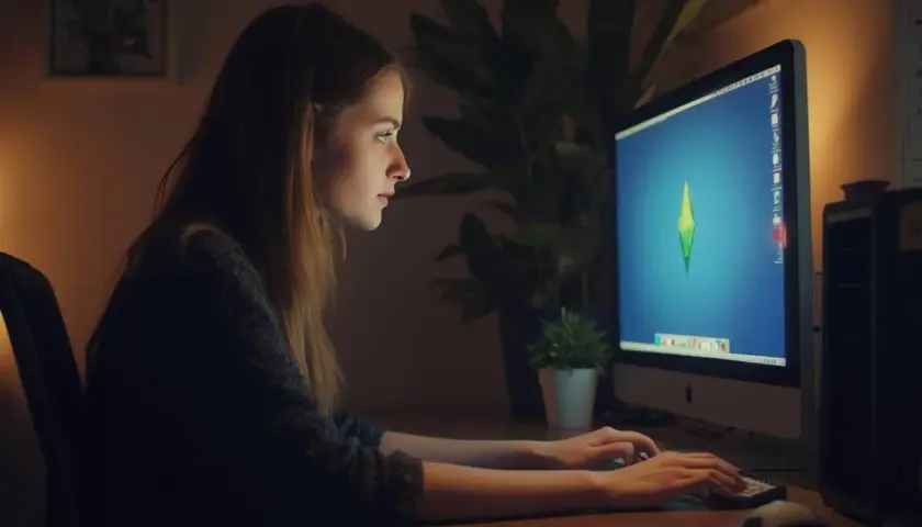 Dziewczyna gra w The Sims 4, skupiona na ekranie, gdzie widoczny jest symbol gry. Pewnie właśnie próbuje obracanie przedmiotów sims 4, by idealnie urządzić dom.