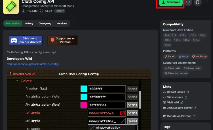 Cloth Config w Minecraft - instalacja i naprawa menu ustawień