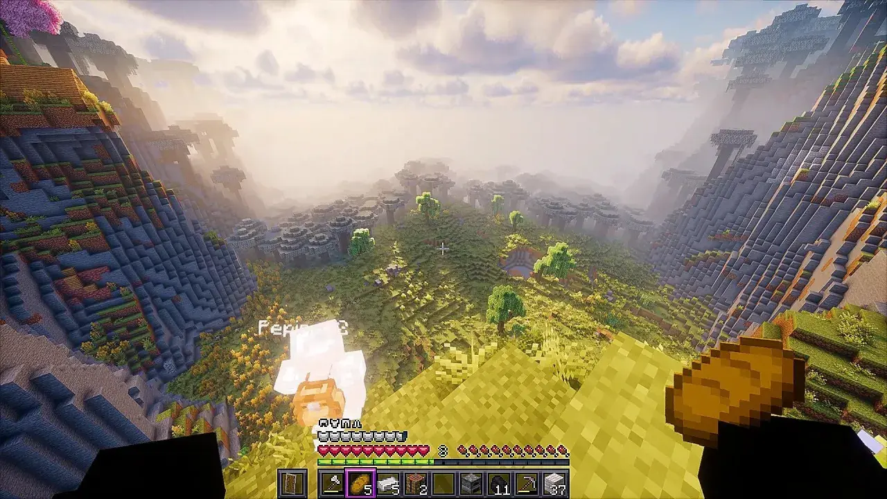 Widok z góry na dolinę w grze Minecraft. Gracz, Pepin, stoi na zboczu, a przed nim rozciąga się krajobraz z drzewami i budowlami. To lepsze mc!