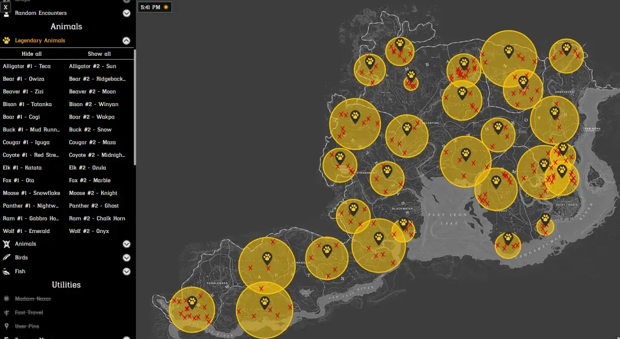 Mapa RDR2 z zaznaczonymi obszarami występowania legendarnych zwierząt.