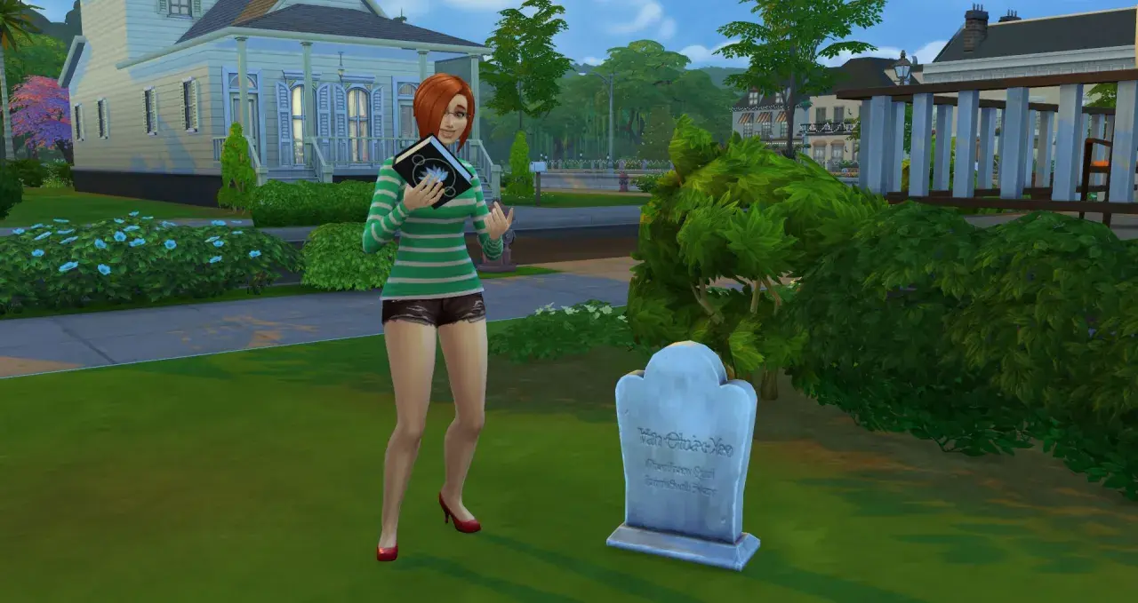 Simka z książką przy grobie, jakby szukała kod na darmowe domy The Sims 4.