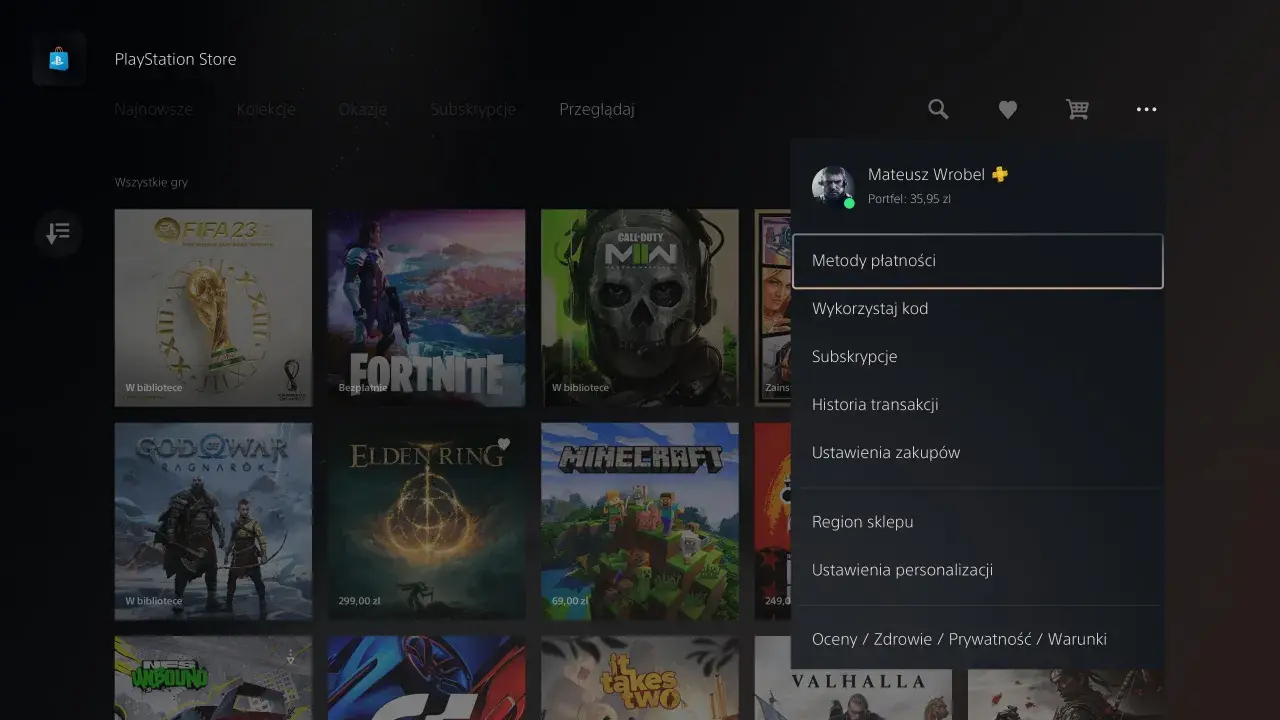 Menu PlayStation Store, opcja "Metody płatności" pod portfelem Mateusza. Dowiedz się, jak doładować portfel PS4.