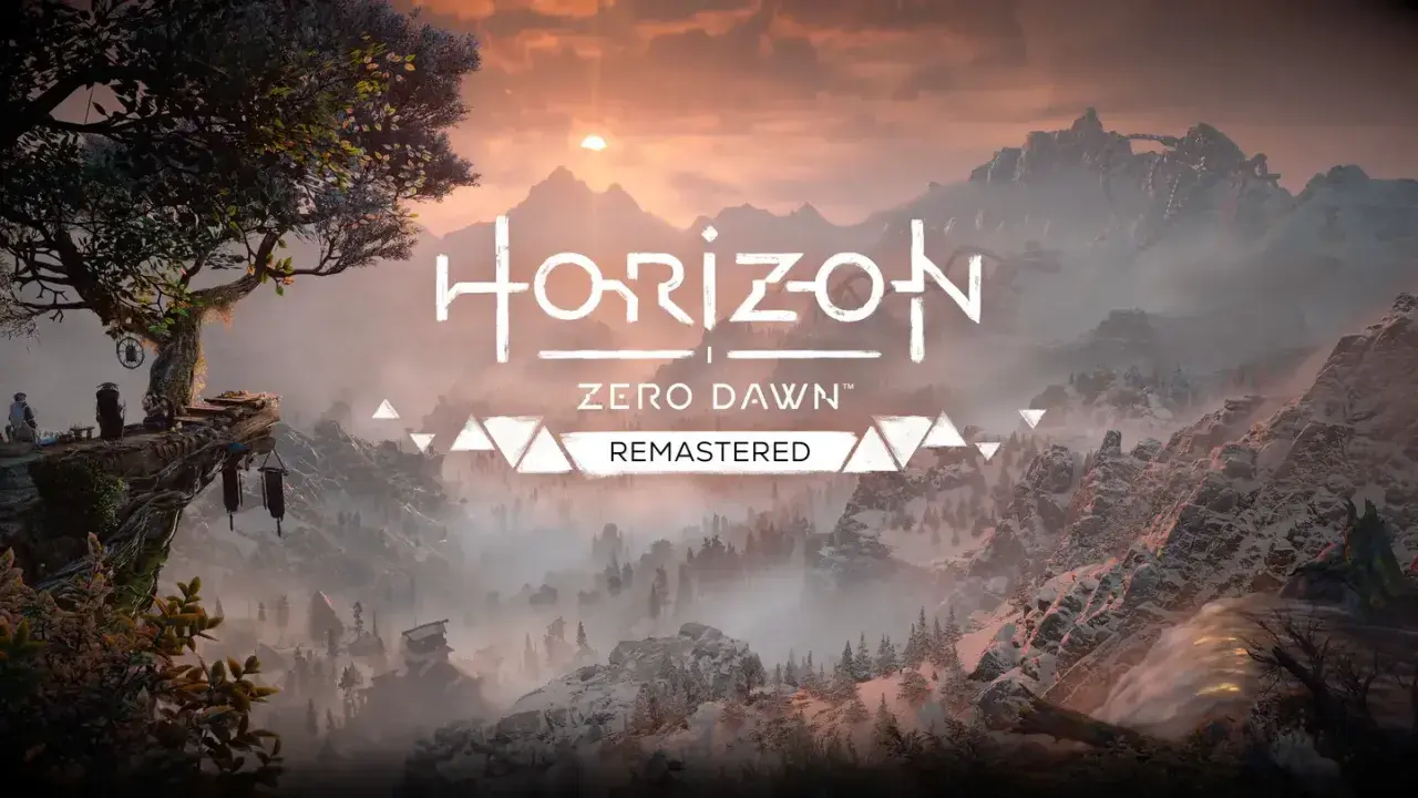 Krajobraz z gry Horizon Zero Dawn Remastered. Słońce wschodzi nad ośnieżonymi górami, a na pierwszym planie widać drzewo i platformę.