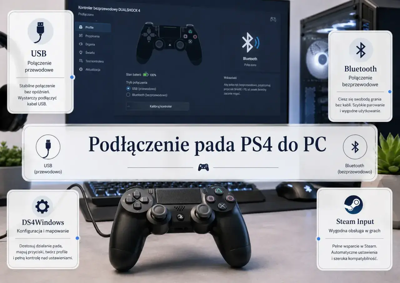 Jak podłączyć pada PS4 do PC: przewodowo przez USB dla stabilności lub bezprzewodowo przez Bluetooth. DS4Windows i Steam Input ułatwiają konfigurację.