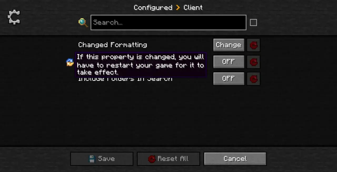 Konfiguracja Forge: API port. Zmiana tej opcji wymaga restartu gry.