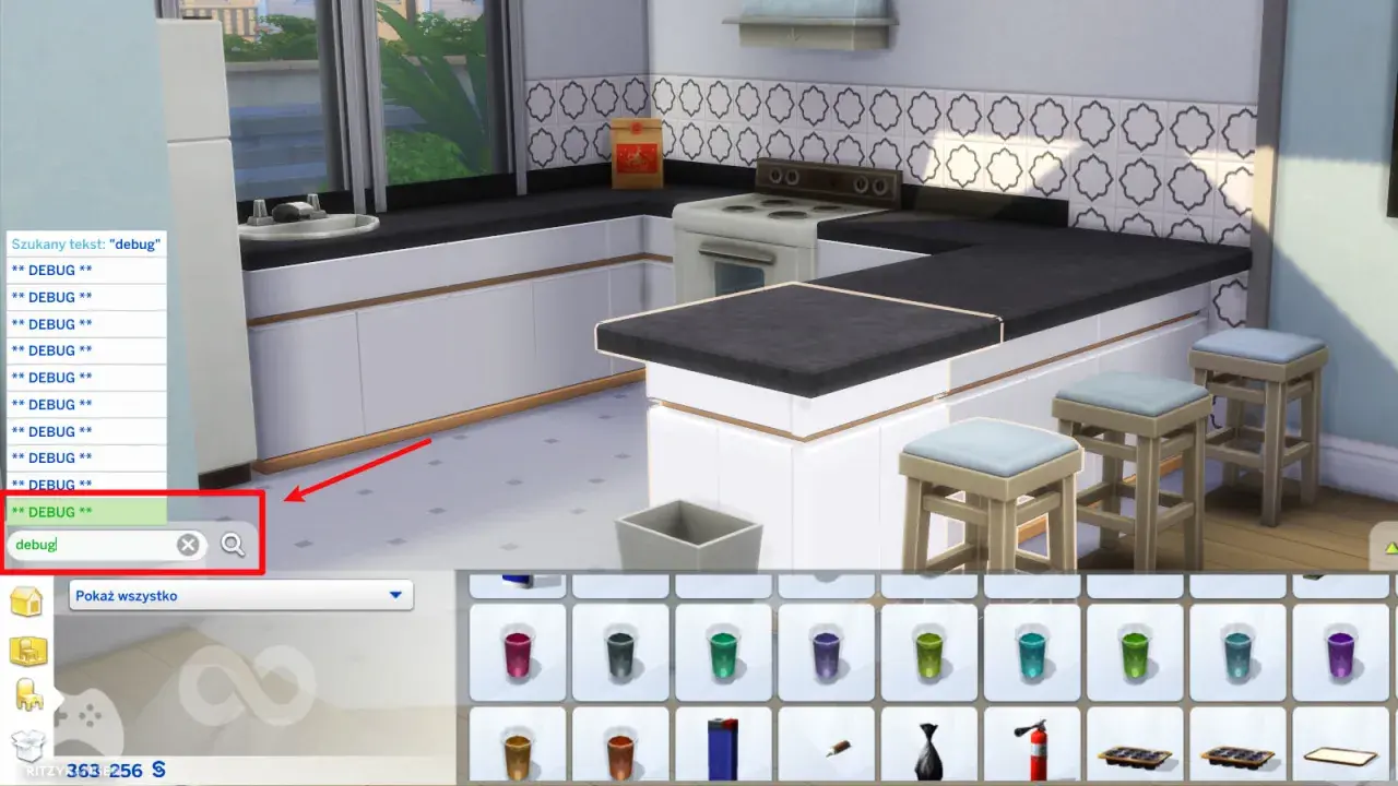 Wpisanie "debug" w wyszukiwarkę przedmiotów w The Sims 4, aby znaleźć ukryte obiekty. Kuchnia w tle.