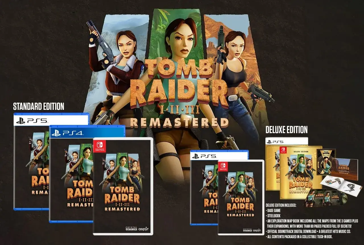 Lara Croft w trzech odsłonach, okładki gier Tomb Raider I-III Remastered na PS5, PS4 i Switch. Edycja Deluxe zawiera dodatki.