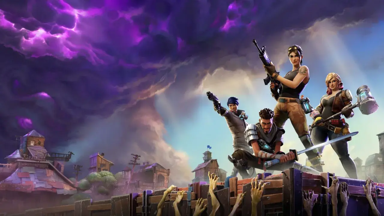 Cztery postacie z gry Fortnite, gotowe do walki pod burzowym, fioletowym niebem.