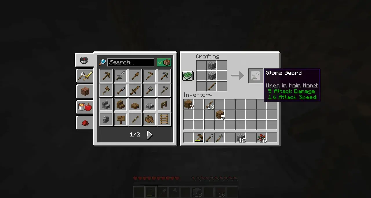 Gracz w grze Minecraft używa craftingu do stworzenia kamiennego miecza.