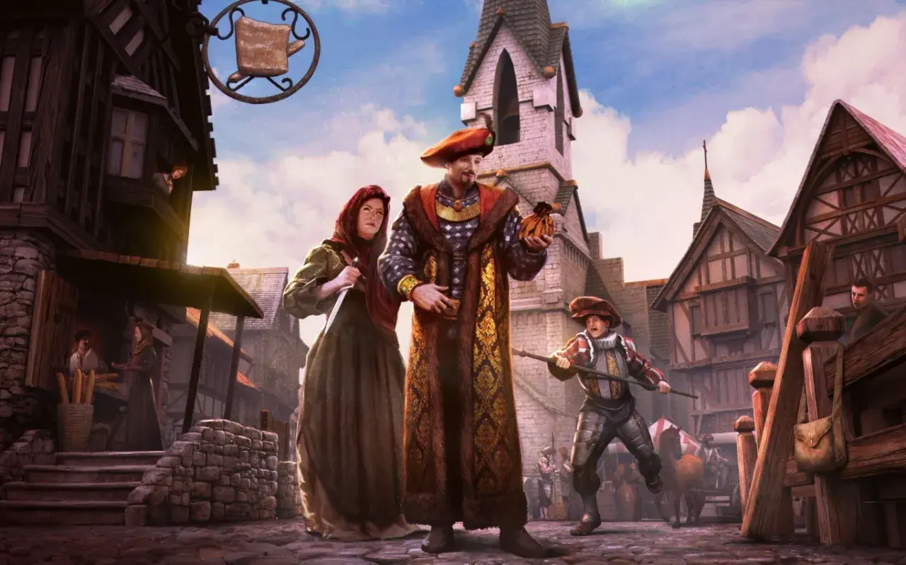 Postacie z gry The Guild 3 na tle średniowiecznego miasta. Bogato odziany mężczyzna trzyma sakiewkę, obok niego kobieta z nożem, a z tyłu chłopiec w zbroi.