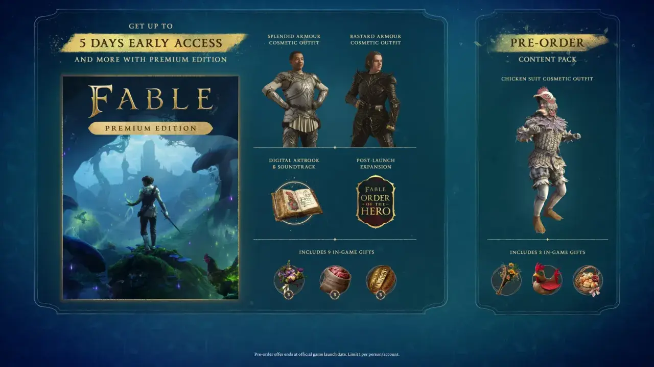 Fable 4 Premium Edition: wczesny dostęp, stroje, artbook, ścieżka dźwiękowa i rozszerzenie. Pre-order zawiera strój kurczaka.