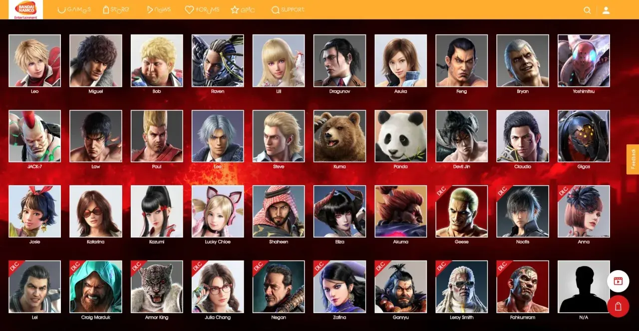 Galeria postaci z Tekken 7: Leo, Miguel, Bob, Raven, Lili, Dragunov, Asuka, Feng, Bryan, Yoshimitsu, JACK-7, Law, Paul, Lee, Steve, Kuma, Panda, Devil Jin, Claudio, Gigas, Josie, Katarina, Kazumi, Lucky Chloe, Shaheen, Eliza, Akuma, Geese, Noctis, Anna...