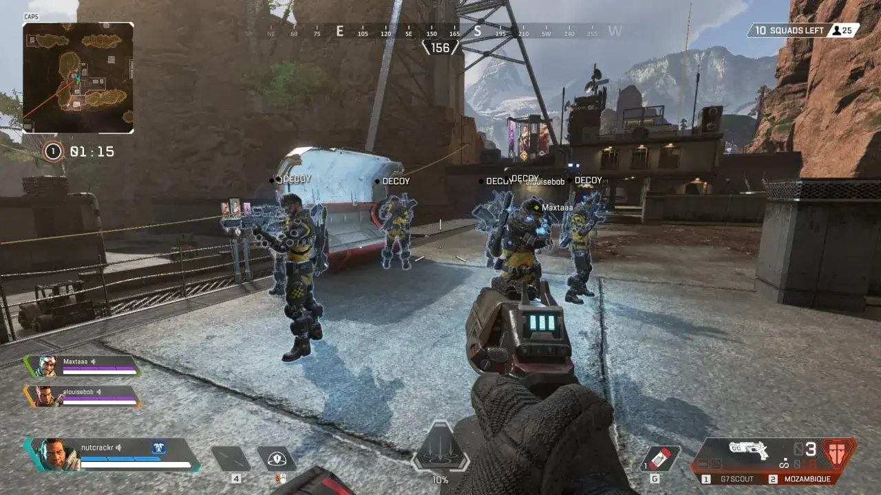 Gracze w grze battle royale Apex Legends otoczeni przez klony.