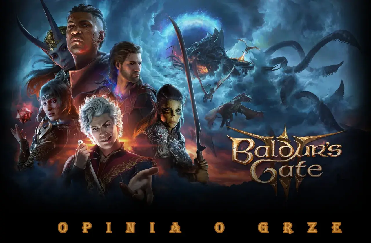 Postacie z Baldur's Gate 3 na tle smoków i chmur. To świetny poradnik dla graczy!