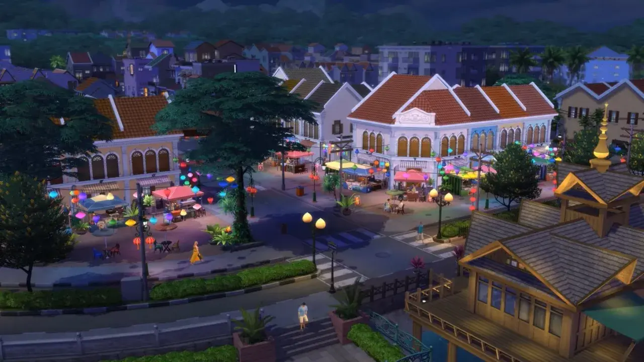 Nocne targowisko w The Sims 4, gdzie można dowiedzieć się, jak obniżać przedmioty, by stworzyć idealny dom.