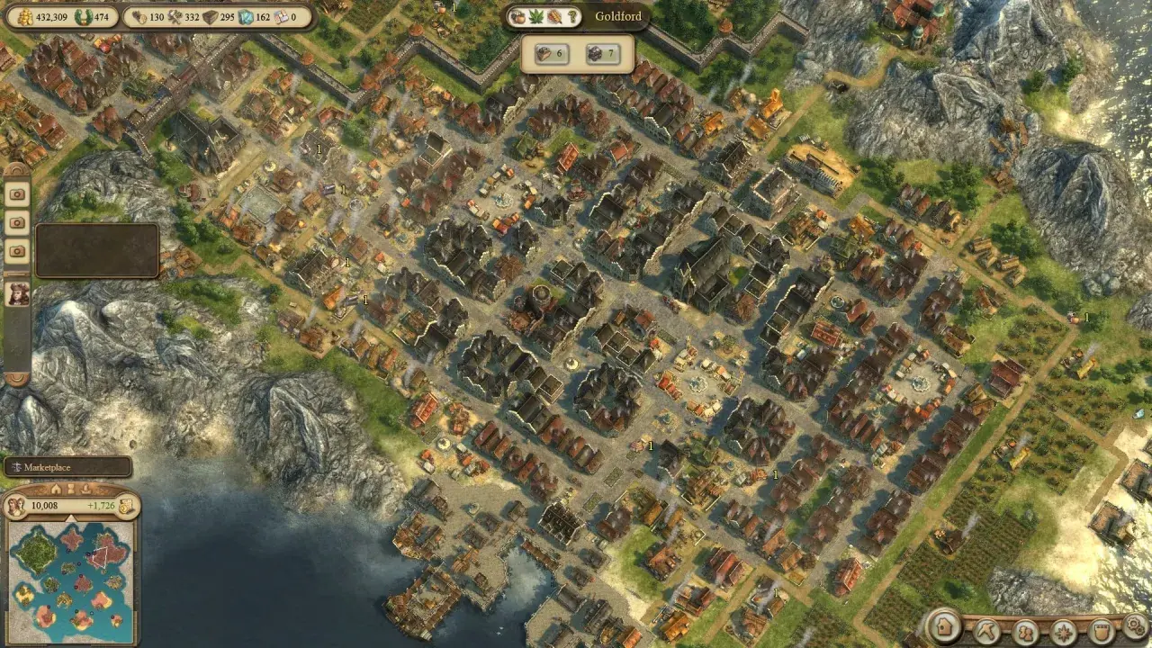 Anno 1404 poradnik: rozbudowana osada z kamiennymi budynkami, placami i polami uprawnymi nad brzegiem morza.