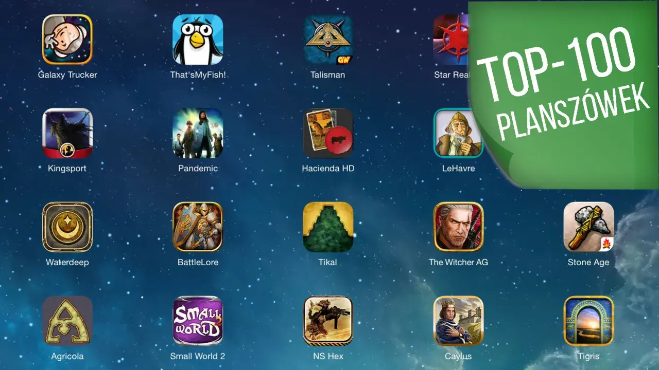 Ikony gier planszowych na tablecie, w tym "Pandemic", "Small World 2" i "The Witcher AG". Idealne na najlepsze gry na tablet.