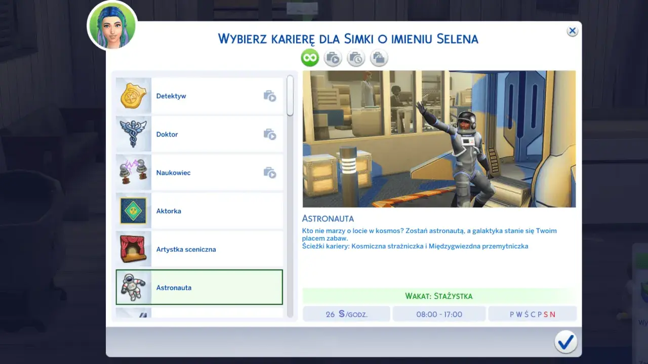 Wybór kariery dla Simki Seleny w Sims 4. Dostępne zawody to m.in. astronauta, detektyw, doktor.
