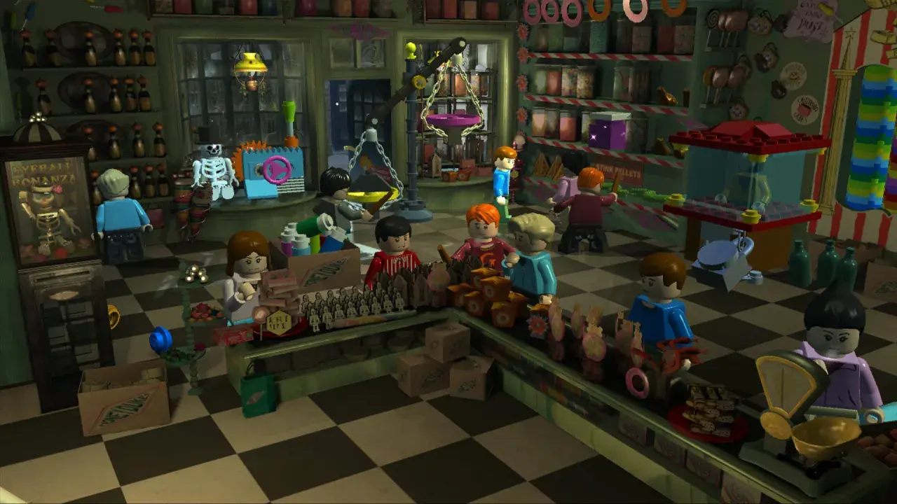 Lego Harry Potter 1-4 poradnik: Sklep z magicznymi słodyczami, pełen postaci i produktów.