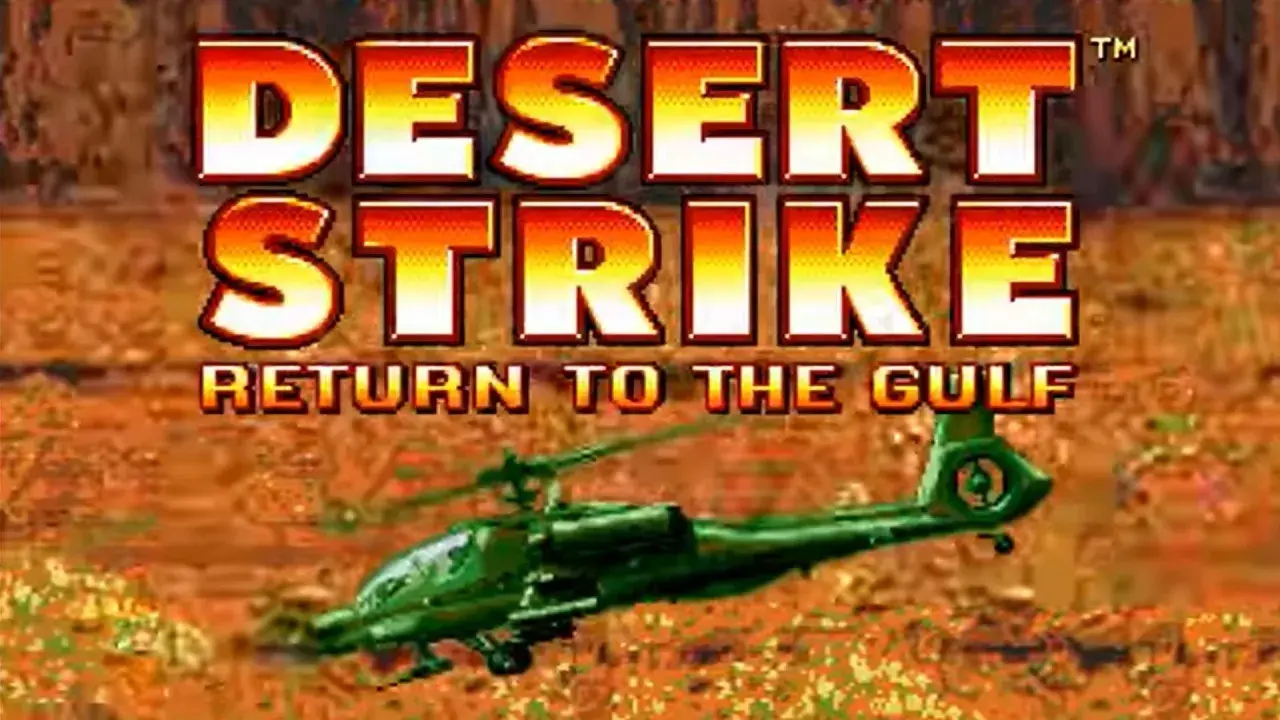 Napis "DESERT STRIKE RETURN TO THE GULF" nad zielonym helikopterem bojowym. Gra zapowiada pustynny atak.