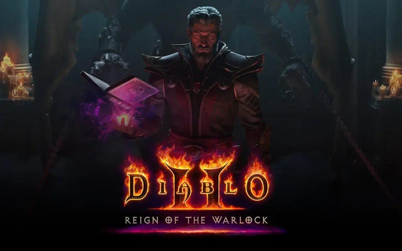 Mroczny mag z księgą zaklęć i płonącymi dłońmi, zapowiadający Diablo 2 Resurrected PS5.