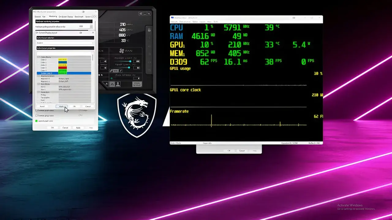 Test karty graficznej w MSI Afterburner. Widoczne parametry CPU, RAM, GPU, temperatury i taktowania.
