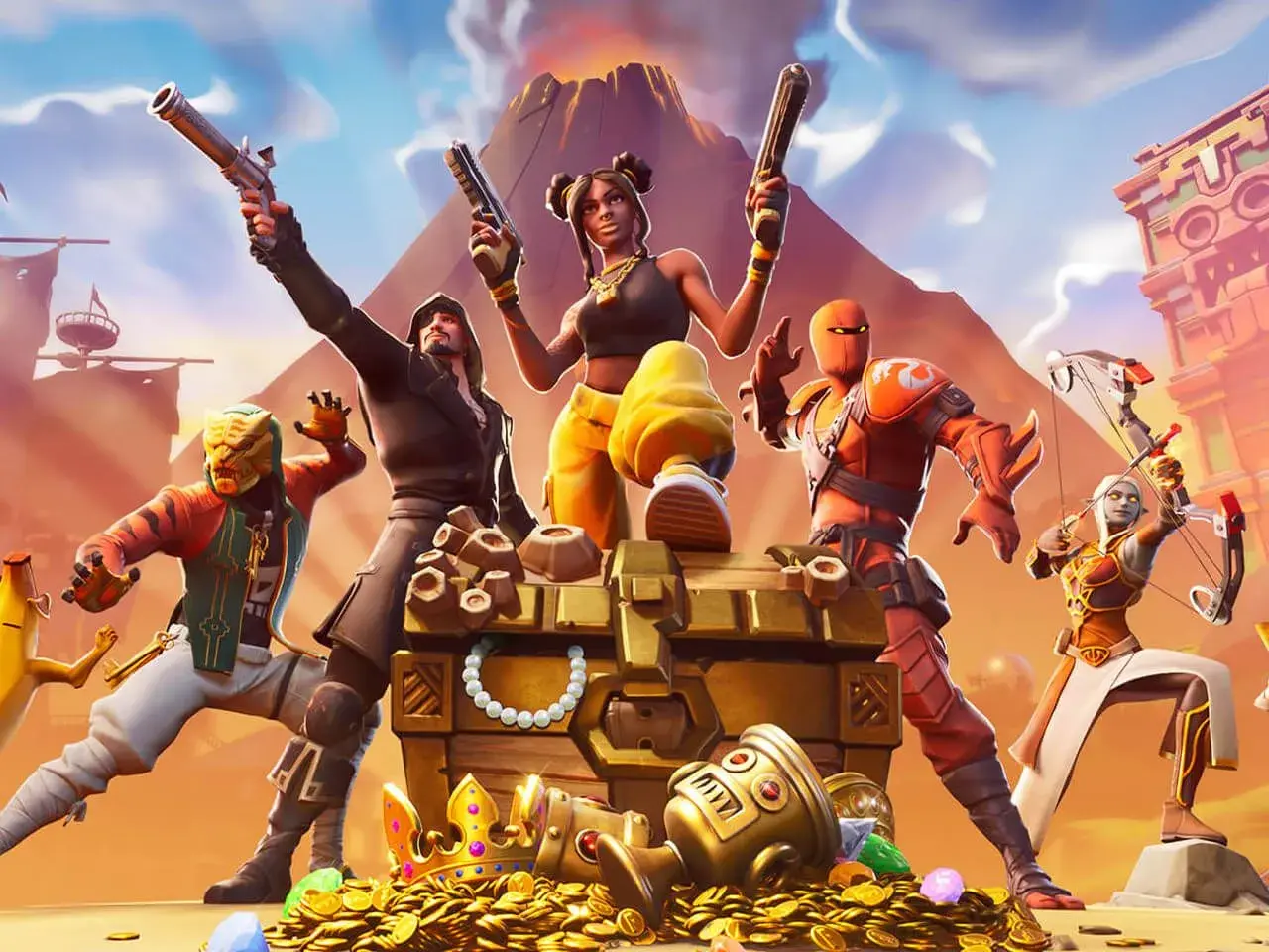 Postacie z gry Fortnite przy skrzyni pełnej skarbów. Idealne darmowe gry na PS4 dla fanów akcji i przygód.