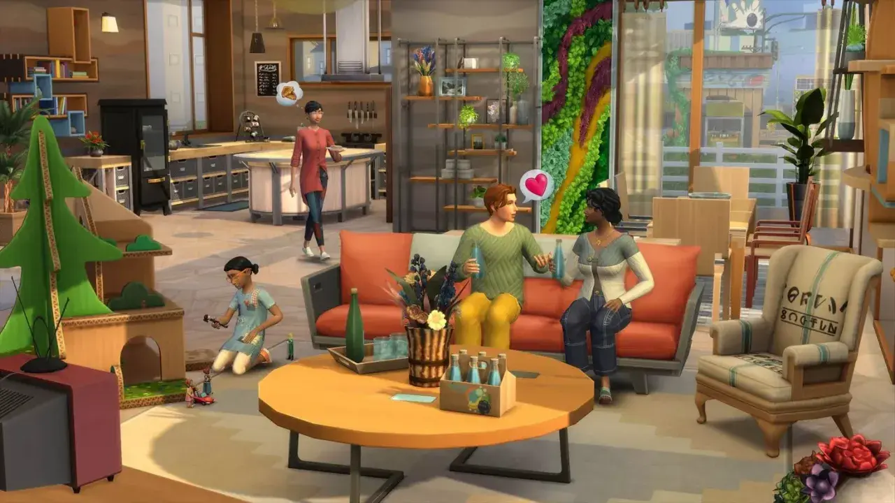 Rodzina w The Sims 4 cieszy się wspólnym czasem. Dziecko bawi się zabawkami, para rozmawia na kanapie, a mama przygotowuje posiłek. To idealny moment, by użyć kod na awans!