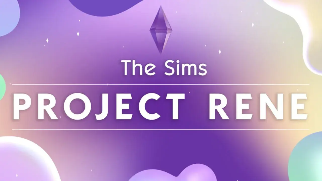 Logo "The Sims PROJECT RENE" na fioletowym tle z pastelowymi plamami. Czyżby zapowiedź The Sims 5?