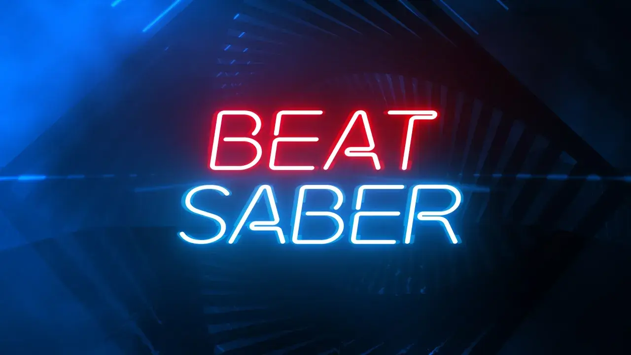 Neonowy napis "BEAT SABER" w czerwonych i niebieskich barwach, idealny do gry na PS5.