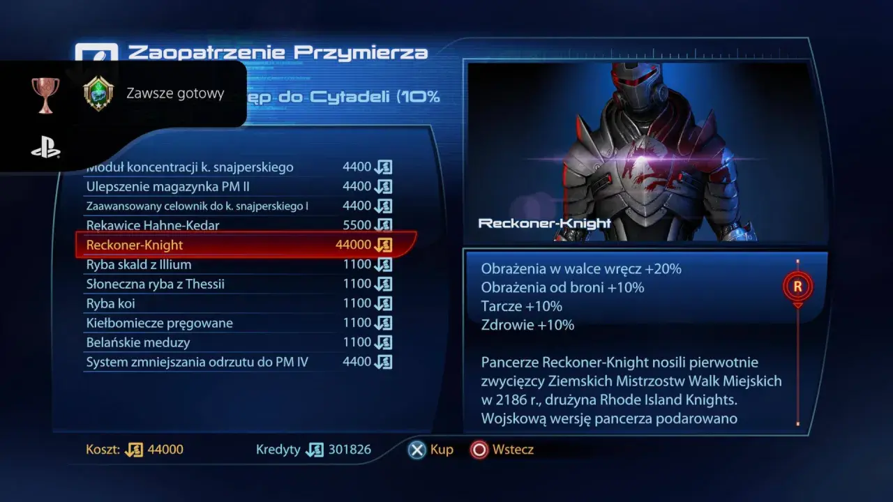 Pancerz Reckoner-Knight z Mass Effect 3, kosztujący 44000 kredytów, zwiększa obrażenia w walce wręcz i od broni, a także tarcze i zdrowie.