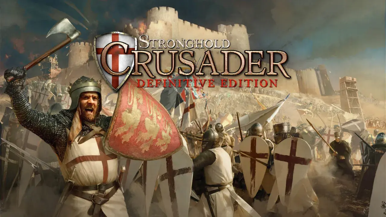 Bitwa pod murami twierdzy, rycerze w zbrojach i z tarczami z krzyżami. Tytuł: Stronghold Crusader Definitive Edition.
