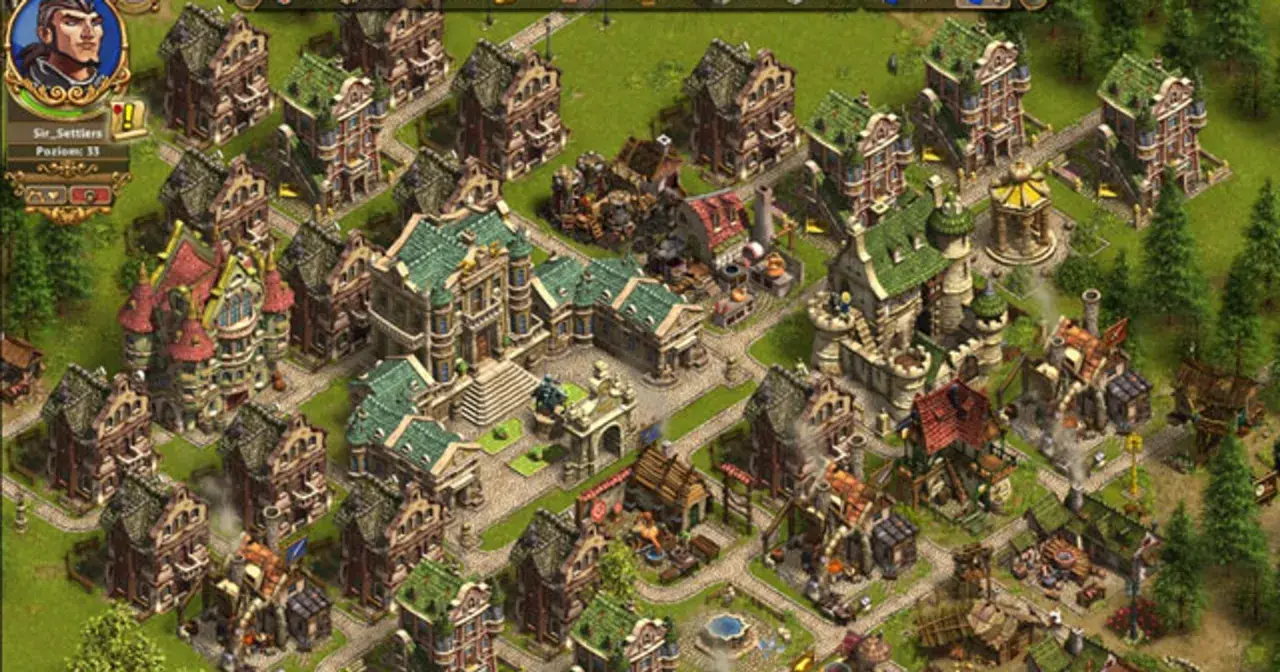 Widok z gry settlers online: rozbudowana osada z wieloma budynkami, ścieżkami i zielenią.