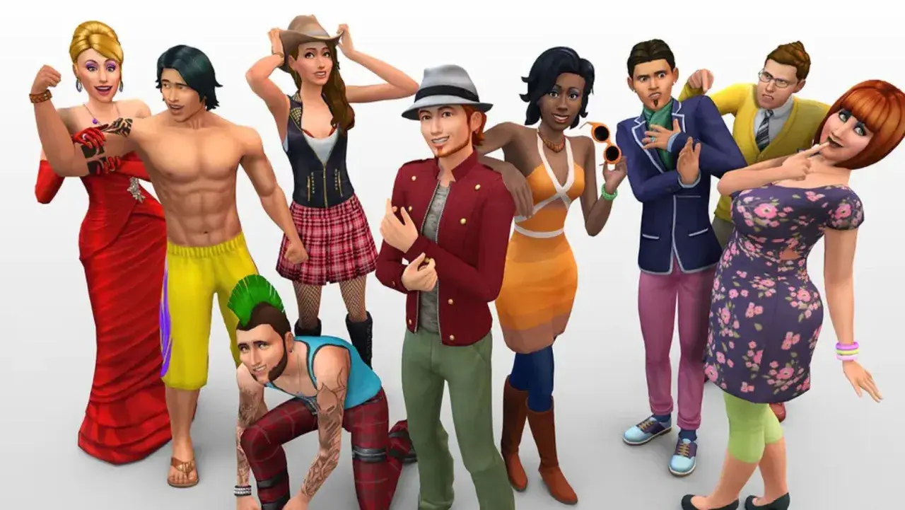 Grupa Simów w różnorodnych strojach, idealna inspiracja do pobierania modów do The Sims 4.